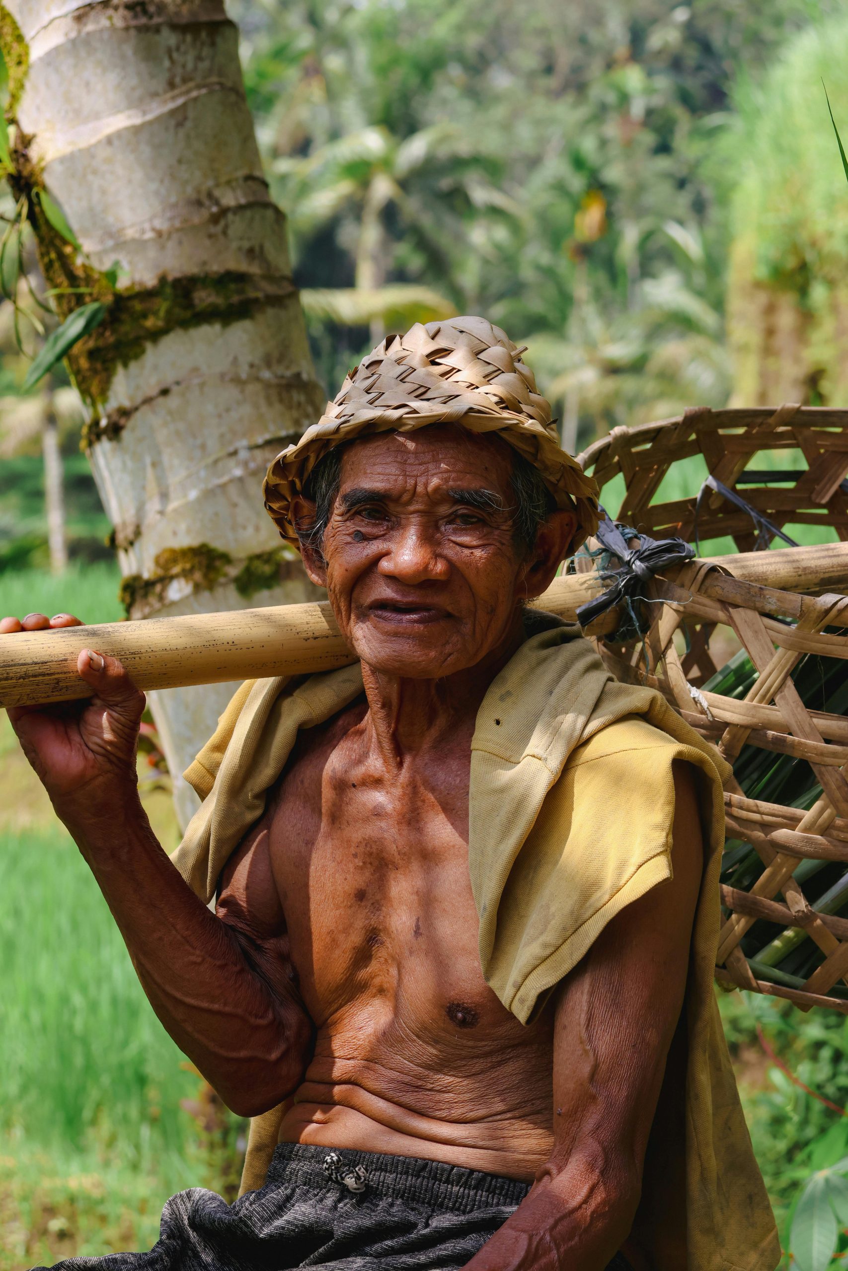 An elderly Balinese farmer with traditional hat and tool, amidst lush rice fields.